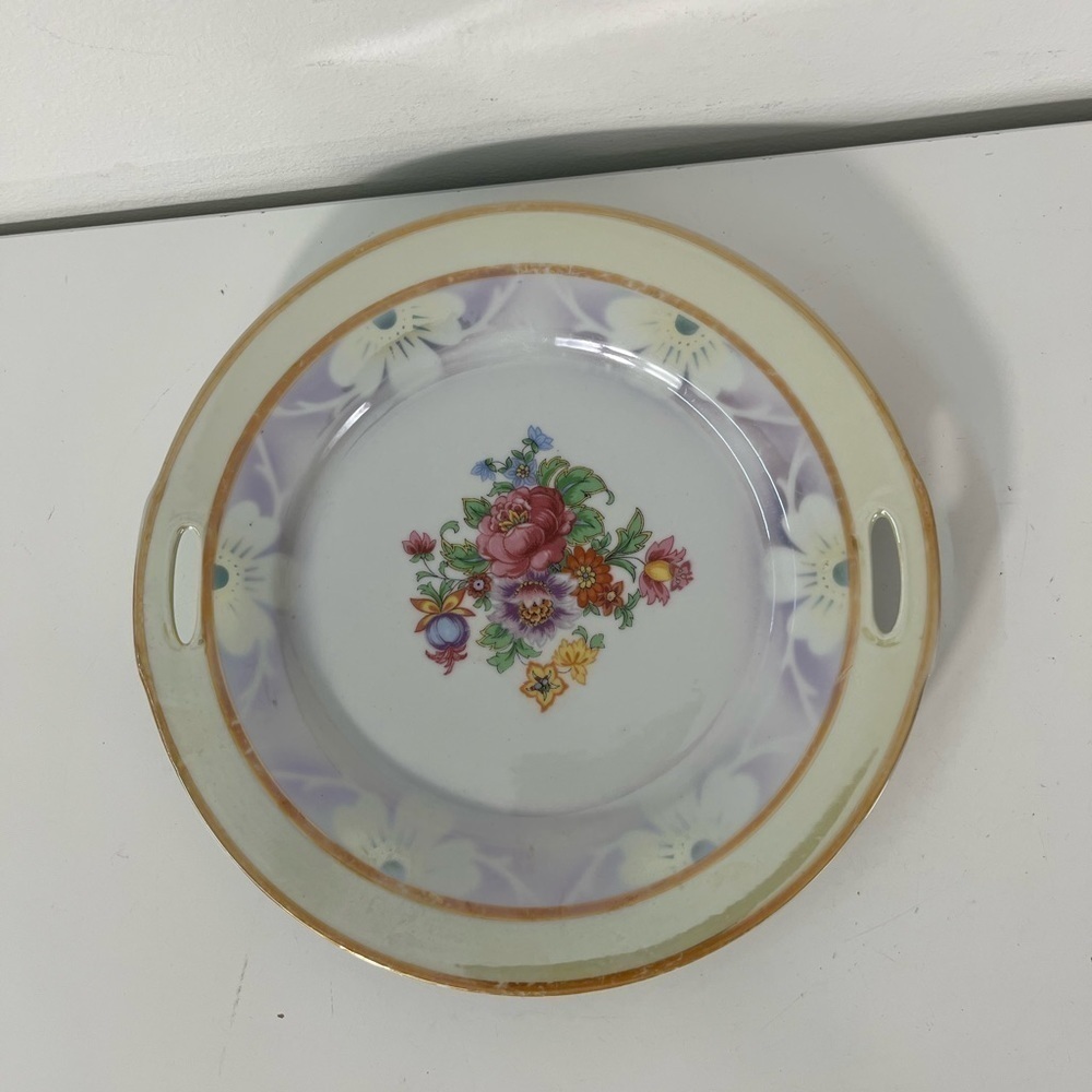 Vintage Bavarian Plate Handpainted Floral Handles Cut Out Porcelain 9" Gold Trim